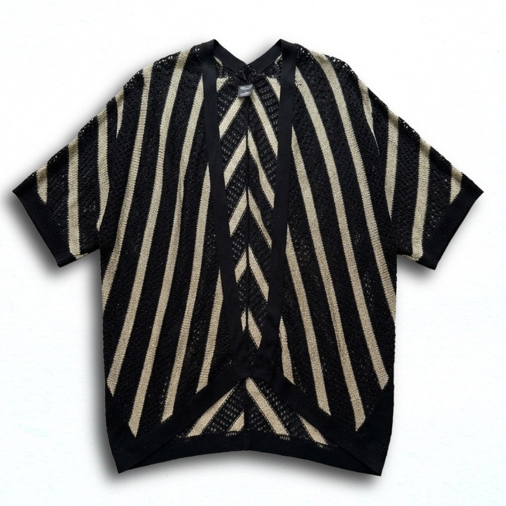 Midnight Velvet Women Black Gold Metallic Striped Open Knit Cardigan One Size